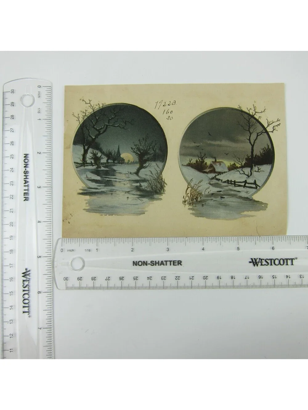 Antique Lithograph Print Samples Winter Snow Stream Night Moon Church House RARE
